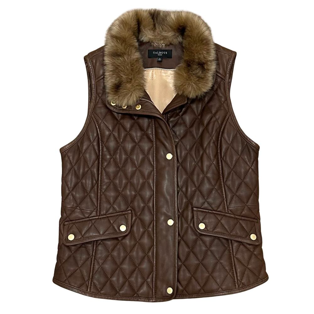 Talbots Petites Brown Lambskin Quilted Vest Large Petite Removable Fur Collar